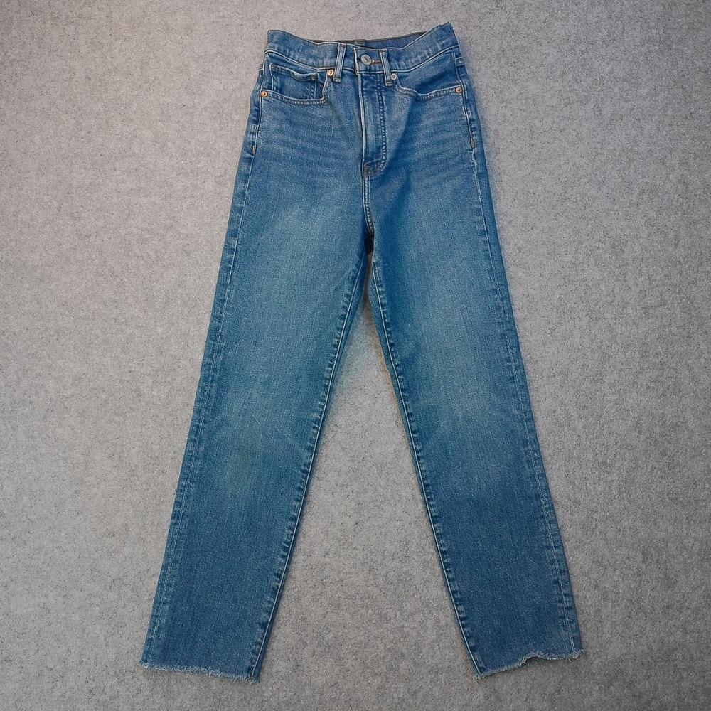 Express Womens High Rise Straight Leg Raw Hem Medium Wash Denim Jeans